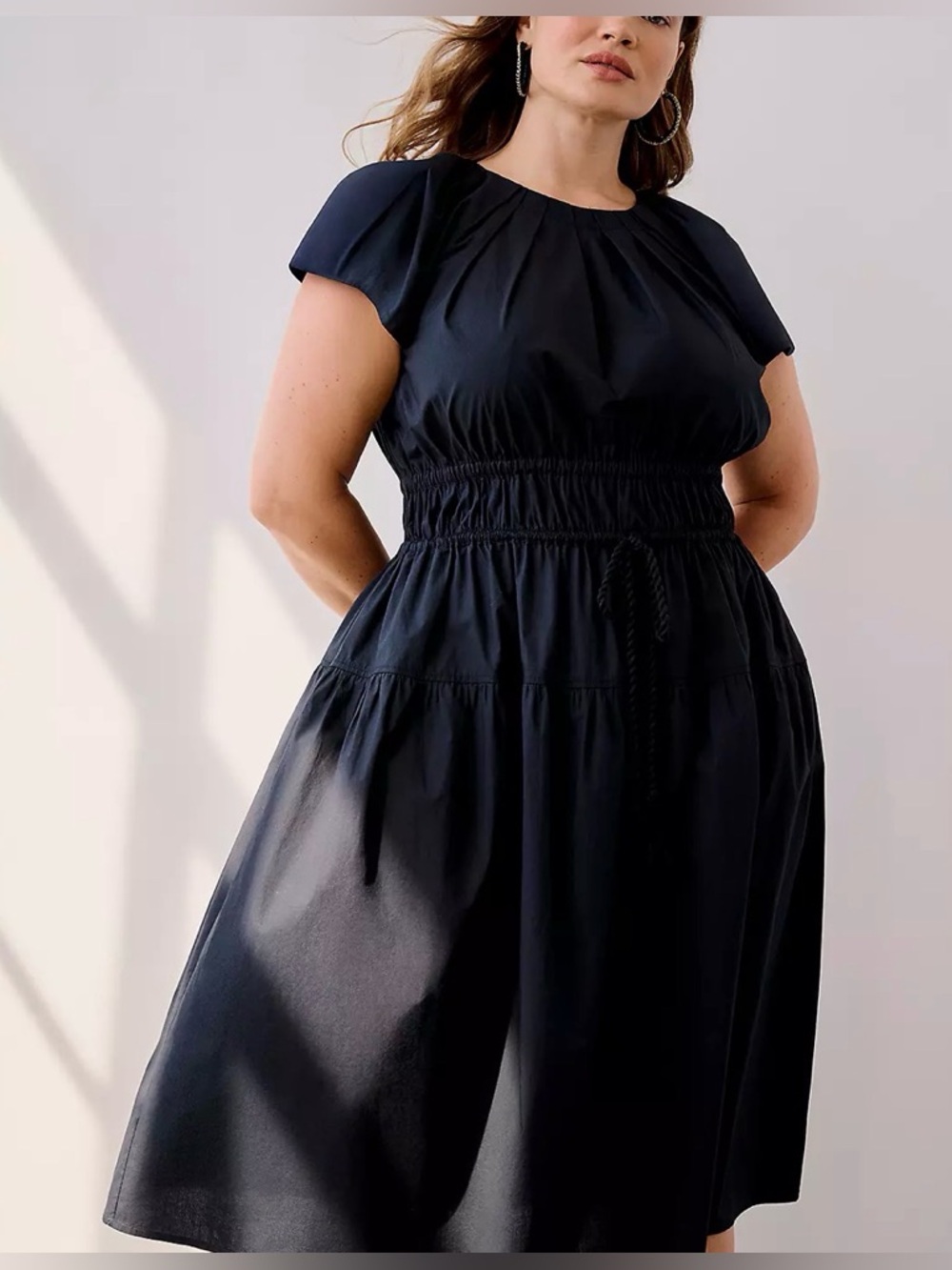 Lane Bryant Black Pleated Crew Neck Midi Dress Romantic Tassel Flowy Size 20